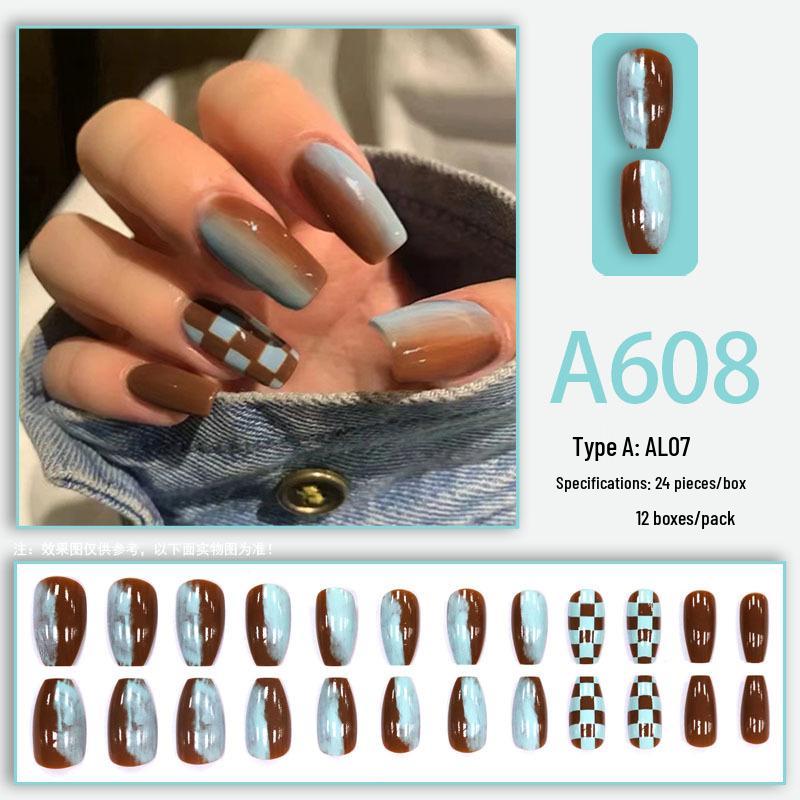 Luxury Plaid Coffee Brown Nail Art Set - 24 Pieces