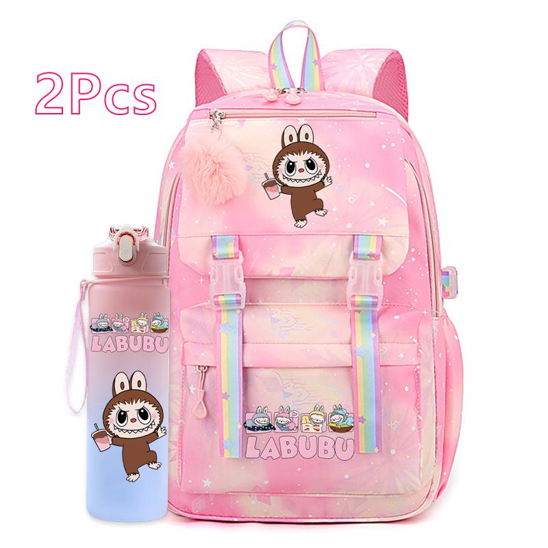 2Pcs/set Cute Cartoon Printed Backpack with 750Ml Outdoor Sports Water Bottle Student Girl Boy Schoolbag Large Capacity Travel Bag Gift
