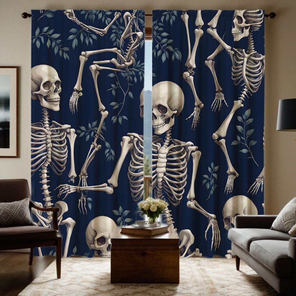 Set Of 2 Hd Halloween Skull Skeleton Green Leaf Curtain Black Tie Digital Printed Home Decor Style Decorate Living Ro Polyester
