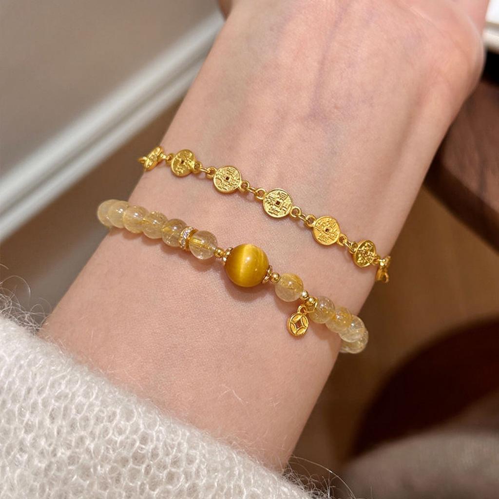 Women Citrine Lucky Bead Bracelet, Versatile Daily Wear