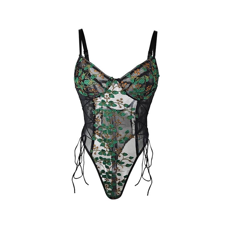 Backless Drawstring Slimming Corset Bodysuit Women'S Sexy Lingerie Mesh Embroidered Erotic Costumes Lace Pure Desire Bodysuits
