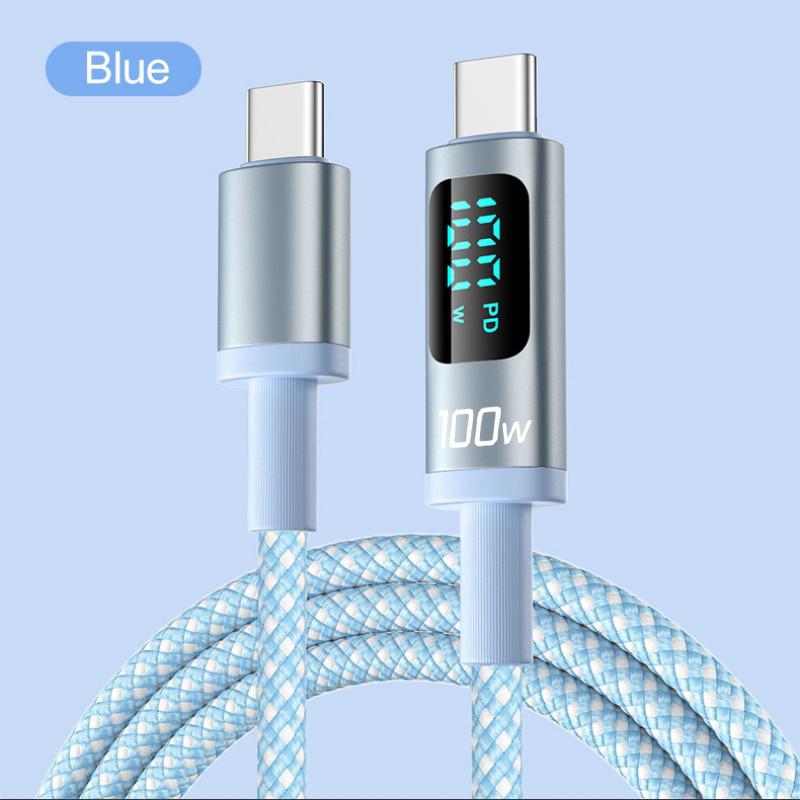 

PD 100W 5A Braided Super Fast Charging Usb C To Type C Cable with Led Display for 16/15 Pro Max Plus for Oppo 2m синий