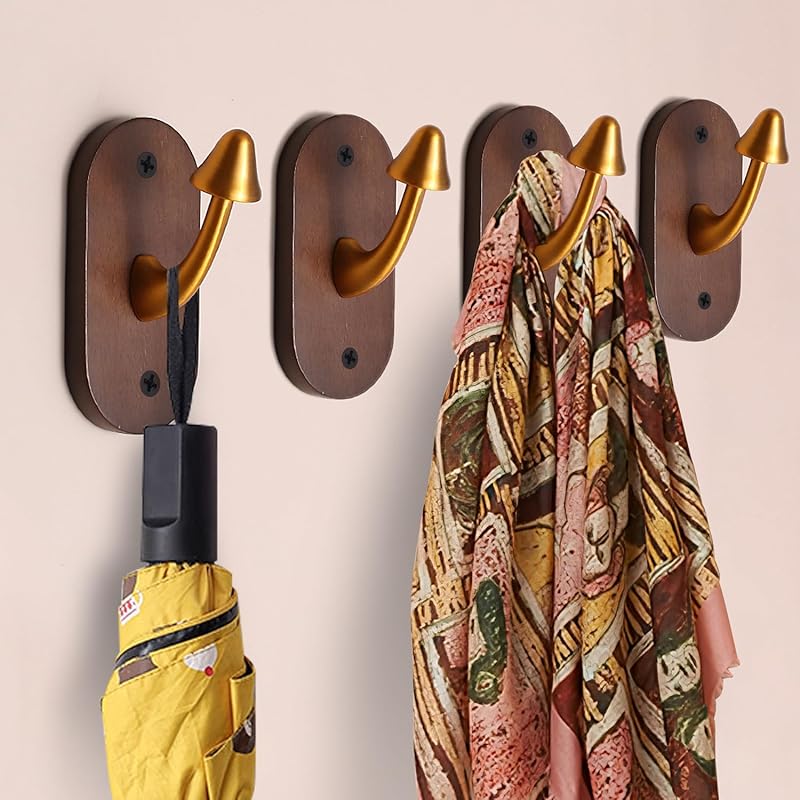 4 Pcs Mushroom Hooks, Mushroom Coat Hooks Wooden Base with Zinc Alloy Hooks To Highlight Vintage Feeling, Decorative Wall Hook Hooks for Hanging Coat