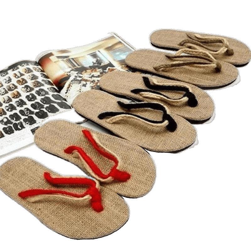 Summer natural linen couple Harajuku hard foam bottom beach flip-flops sandals Luffy straw slippers men