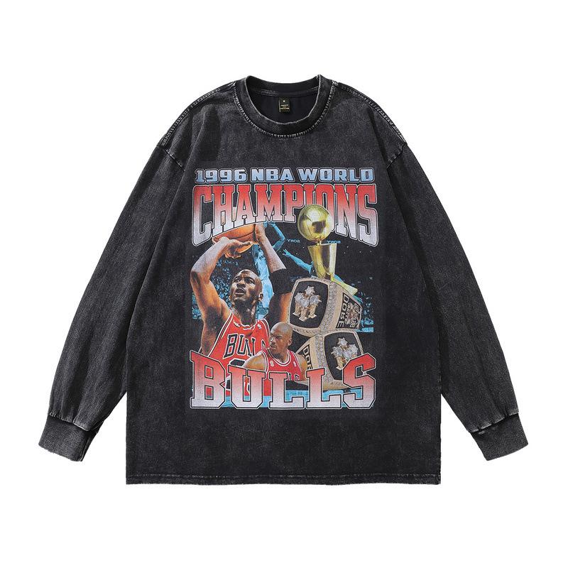 American High Street Heavy Long-Sleeved T-Shirt Men'S And Women'S Autumn And Winter Loose Retro Printed Vintage Top