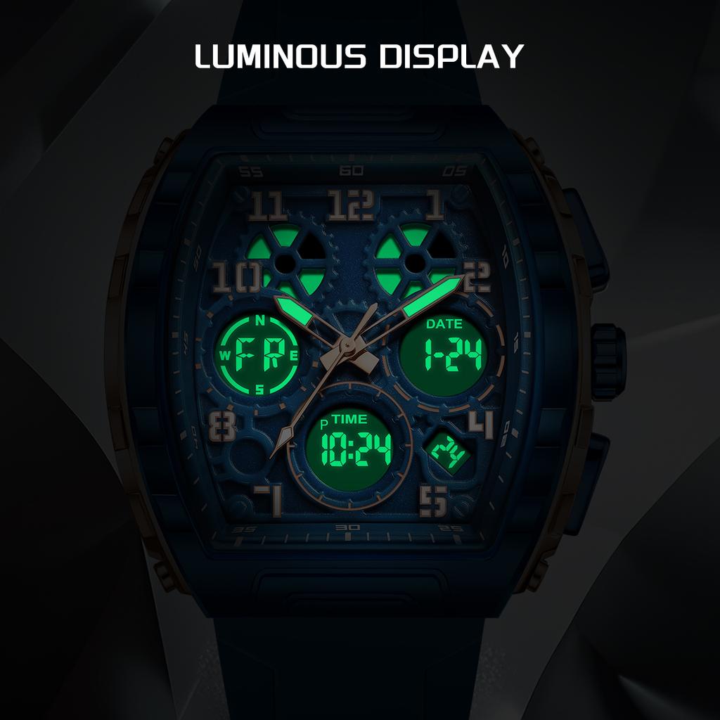 FOXBOX Top Brand Luxury Watches Men's Sports Clock Dual Display Man Watch Chronograph Luminous Silicone Quartz Watches for Men