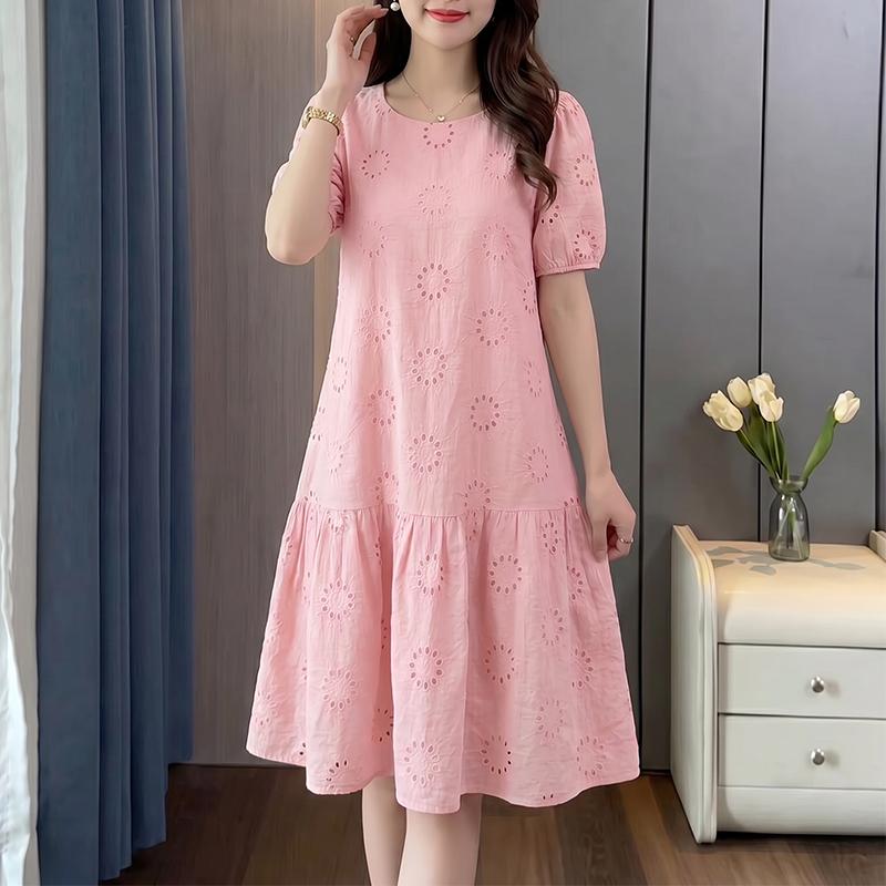 ZANZEA Women Casual Round Neck Short Sleeve Elegant Patchwork Crochet Lace Dress M розовый