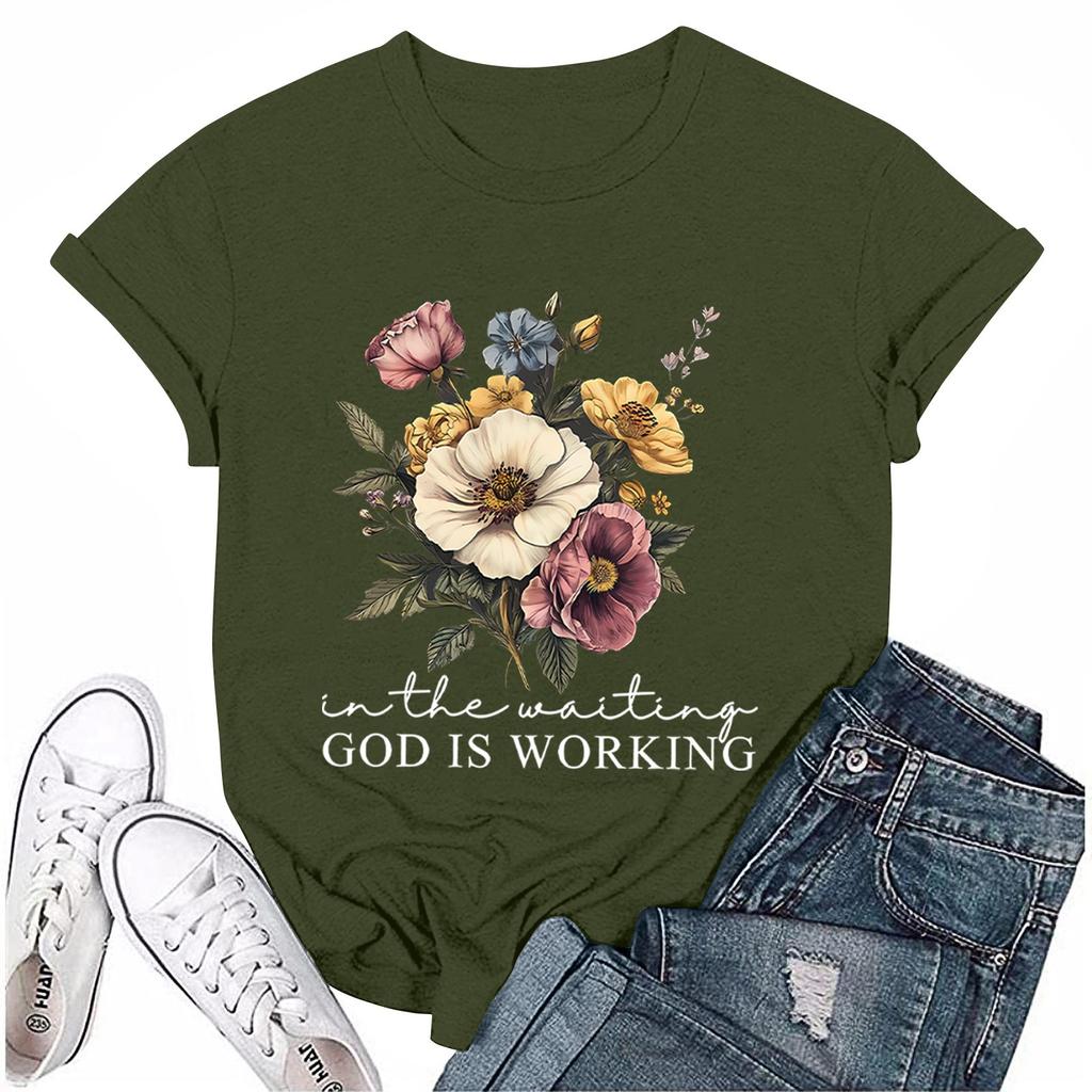 Ladies' Loose Comfortable Casual Fashionable Plant Flower Printed Round Neck Short Sleeved Shirt