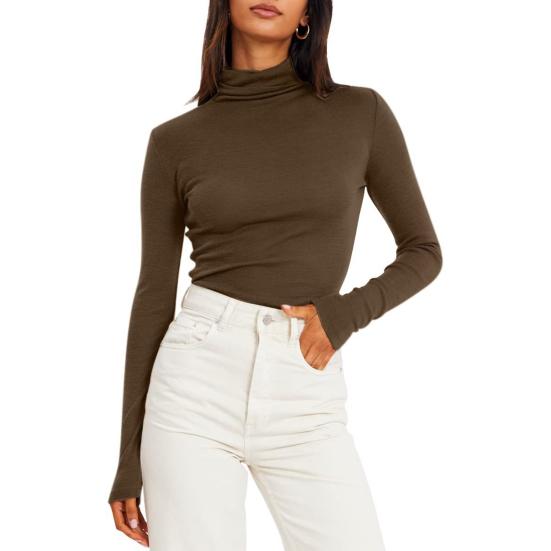 Women Bottoming Tops Slim Fit Stacked Collar Long Sleeve Solid Color Pullover Shirt Elastic Jumper Daily Wear