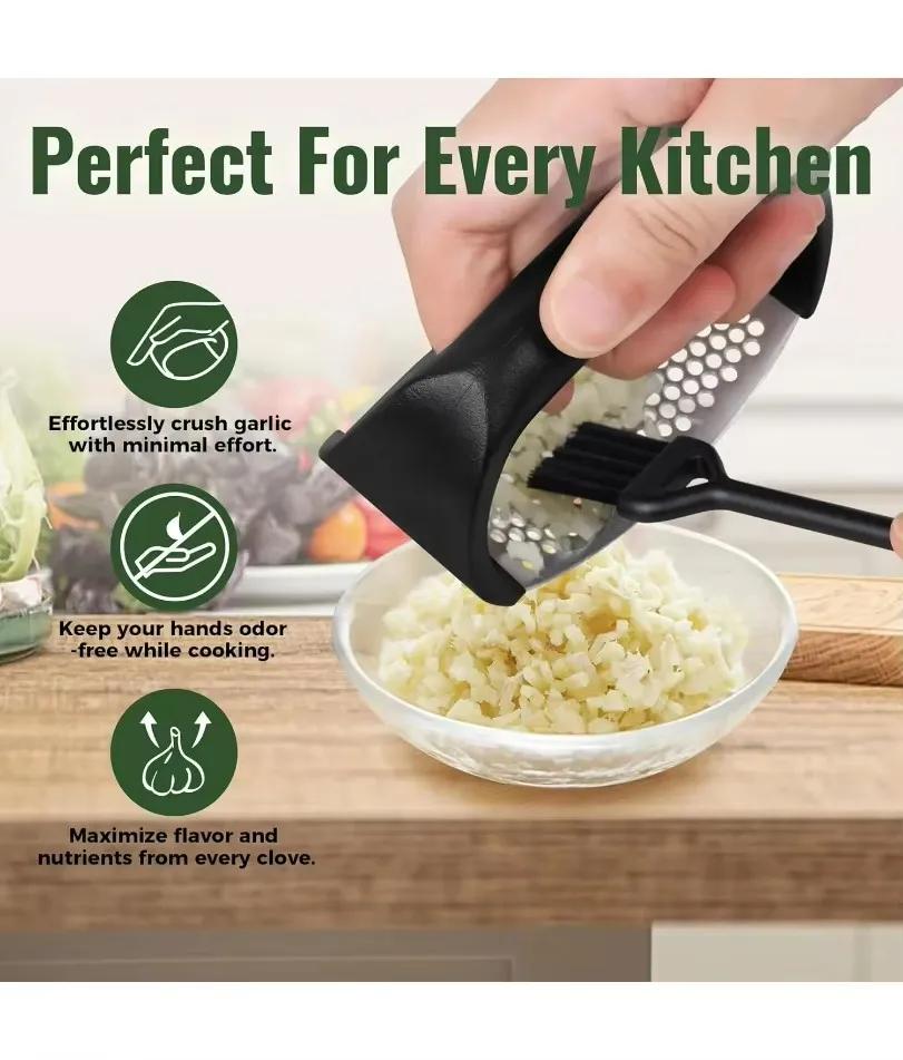 Household Stainless Steel Manual Garlic Mincer Chopping Garlic Tool Fruit Vegetable Tools Peeler and Cleaning Brush for Smashing
