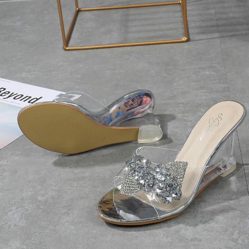 Newest High Heel Women'S Wild Summer Women'S Shoes Word Buckle Simple Wedge Sandals Transparent Bow-Knot Slippersdf4