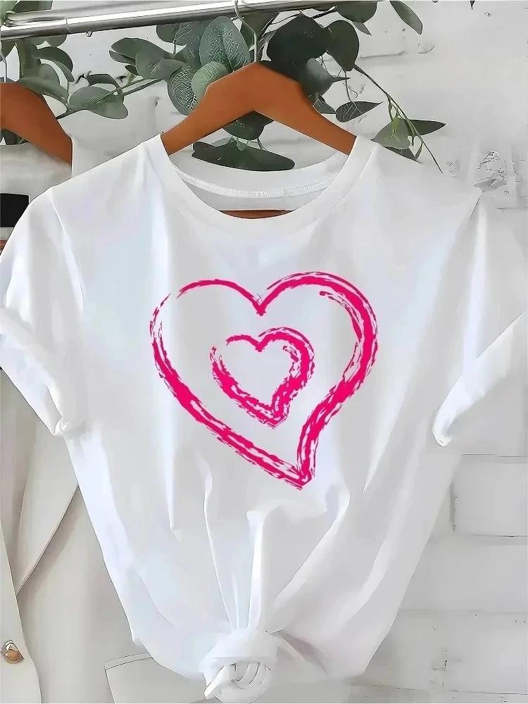 Unisex Casual Short Sleeve Tshirt Fit Crew Neck Pink Heart Print Tshirt Everyday Wear Playful Design Daily Top Clothing