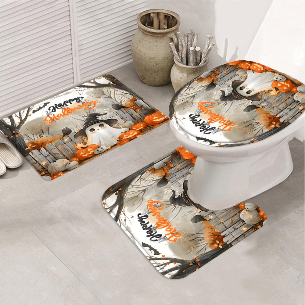 Hot 4Pcs Halloween Shower Curtain Set with 12 Hooks & Toilet Mat, Spooky Bat Ghost Print Waterproof Bathroom Decor for Housewarming