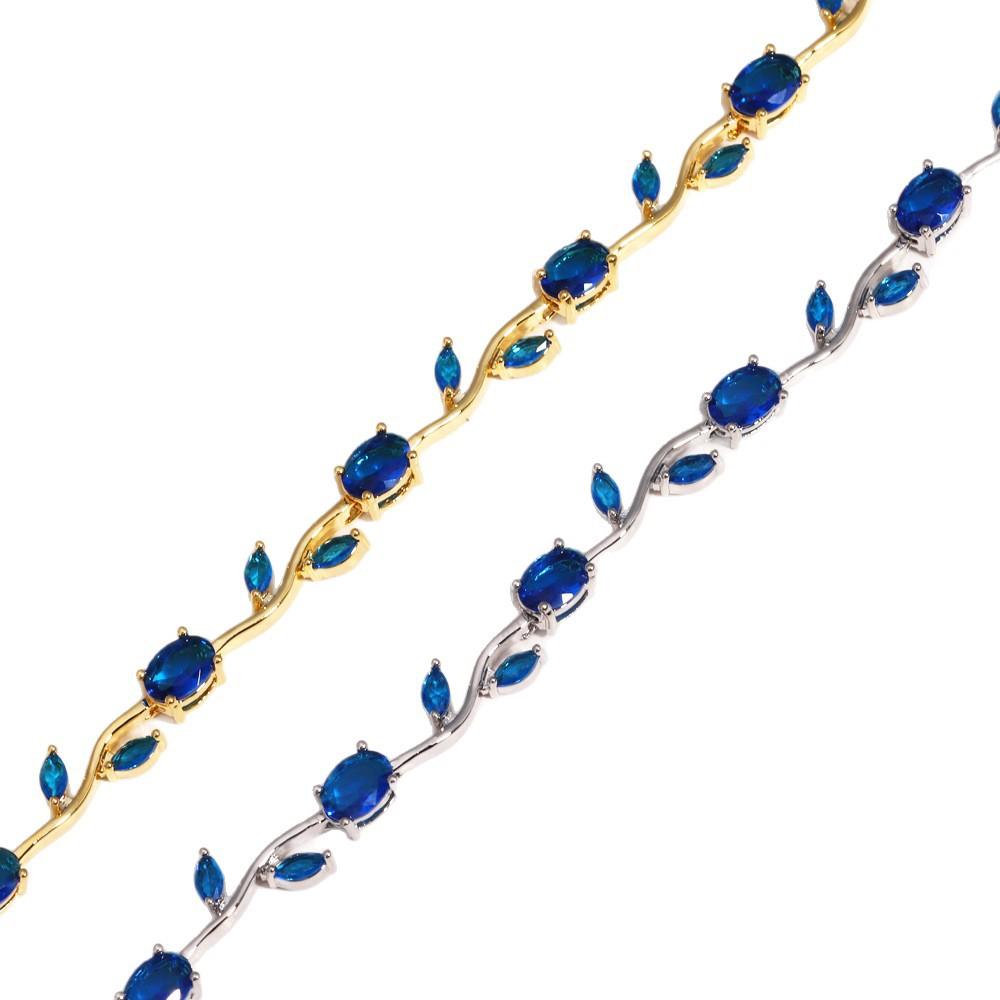 18K Real Gold Plated Brass Multi-Color Leaf CZ Trendy Tennis Bracelet Set Wavy Chain Bracelets with Assorted Gemstones