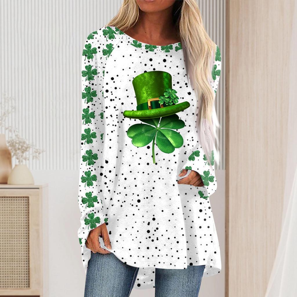 Fashionable Women's Casual Loose Round Neck Long Sleeved Saint Patrick Printed T-shirt Top