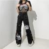 European American Design Print Metal Buckle Denim Drape Pants