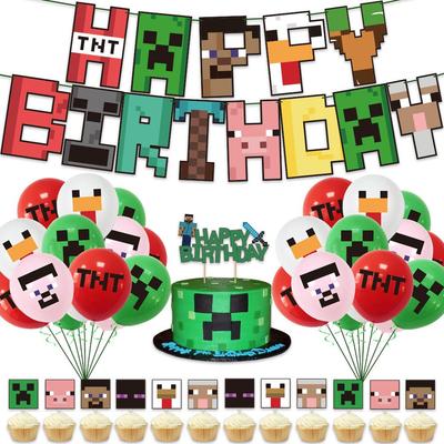 Σημαίες Πάρτι με Θέμα Μωσαϊκό Πίξελ Minecraft & Τοπέρ Τούρτας
