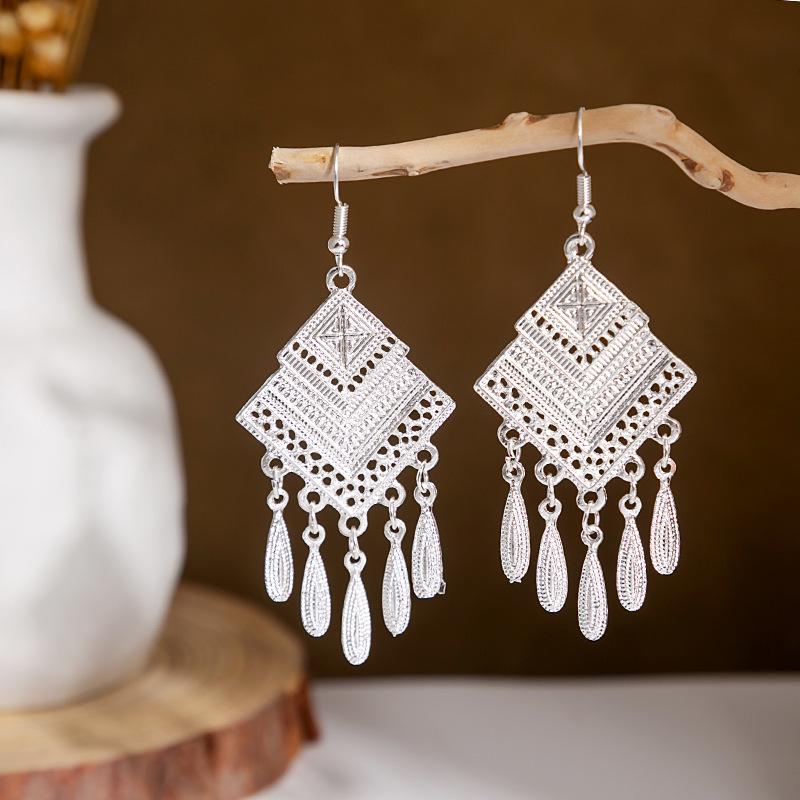 Miao Silver Tassel Dangle Earrings: Ethnic-Style Studs for Women