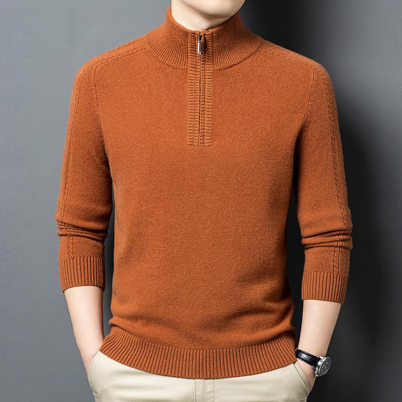 Men's 100% Merino Wool Half-Zip Pullover Sweater - Warm Winter Wear for Middle-Aged Men
