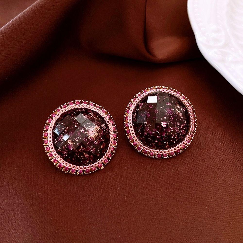 Rhinestone Round Shape Earrings Geometry French Style Earrings Sweet Vintage Purple Earrings Party