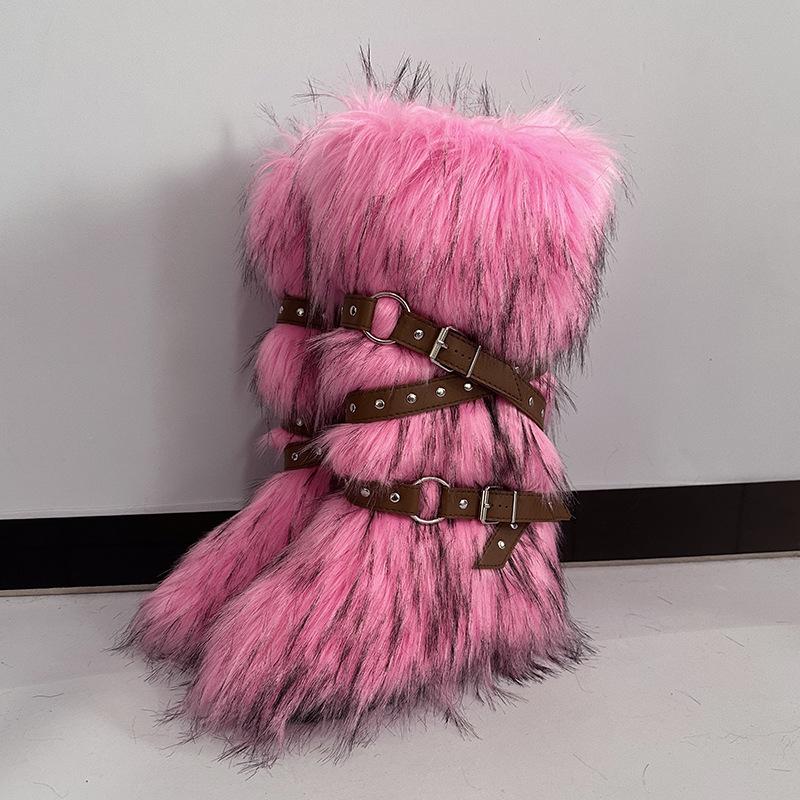 Damen Winterimitat Fuchsfell Stiefel Gürtel Punk Europäisch und Amerikanisch hoher Schaft 40 langer Schaft Schneestiefel Schuhe