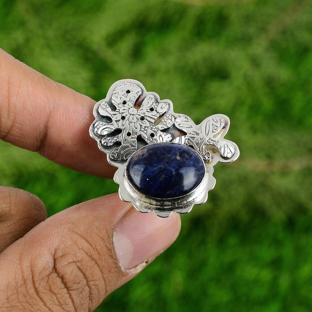 Gift For Women Stackable Adjustable Ring 925 Silver Natural Sodalite Gemstone