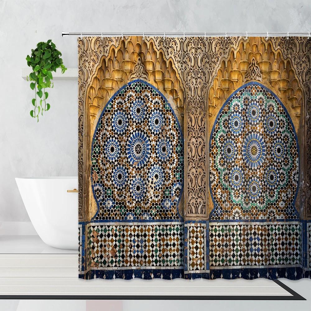 Tenda da Doccia Marocchina 3D Cancello Invecchiato Motivo Geometrico Design Porta d'Ingresso Ingresso Stile Orientale Architettonico Tende da Bagno