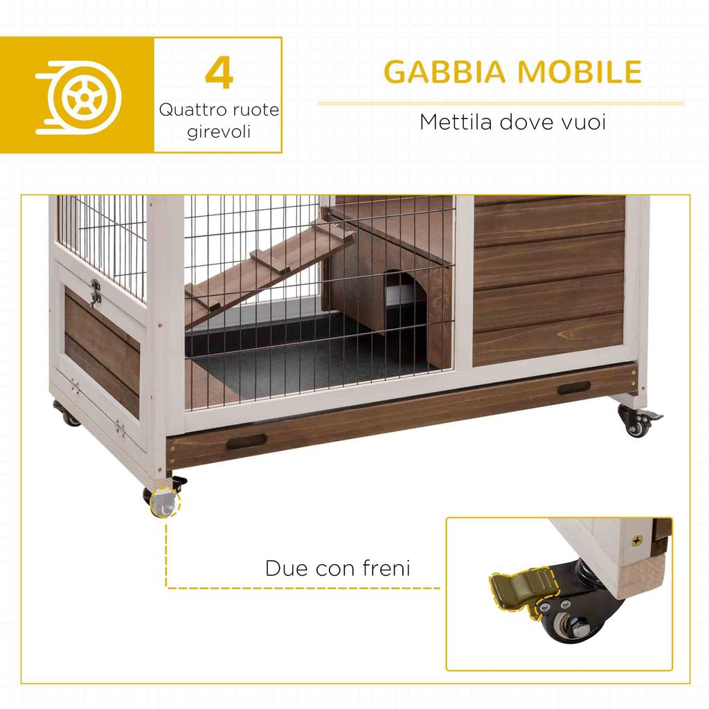 Conigliera in Legno con 4 Ruote, Casa per Conigli e Rampa, 90x53x59cm, Marrone