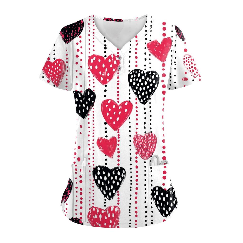 Damen-Oberteil mit Knopfleiste und V-Ausschnitt, modisch, lässig, mit Weihnachts- und Valentinstags-Print, Top für Krankenschwestern, Kasacks für Damen, 2 Taschen