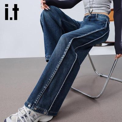 Jeans izzue it Feminino de Cintura Alta, Corte Reto Solto, Perna Larga