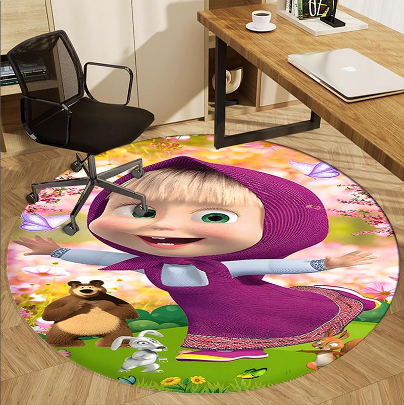 Masha and The Bear Pattern Round Rug, Indoor/Outdoor Mat, for Picnic, Gameroom, Bedroom, Office, Living Room, Home Decor Carpet, Birthday Gift