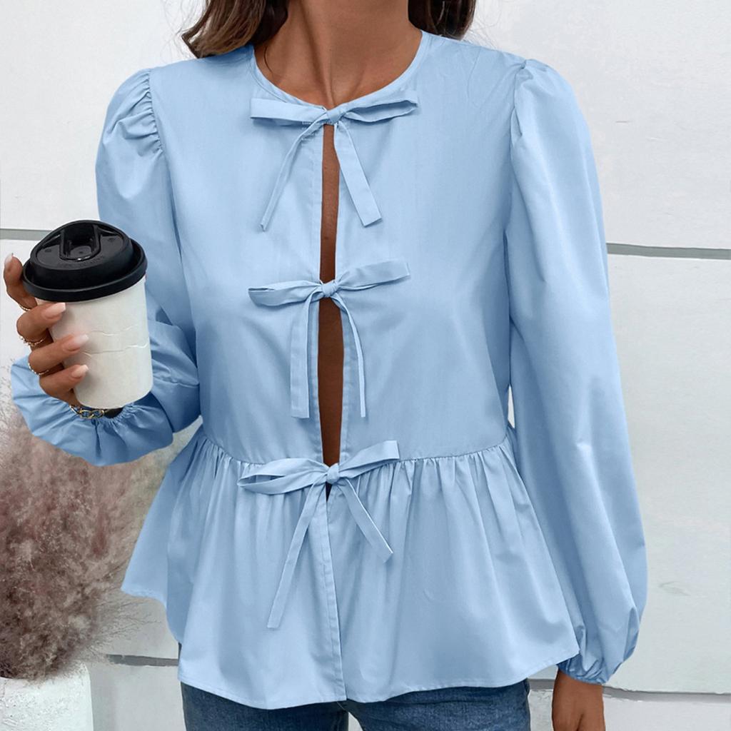Women's European American Casual Loose Sexy Tie-button Shirt Blouse Top