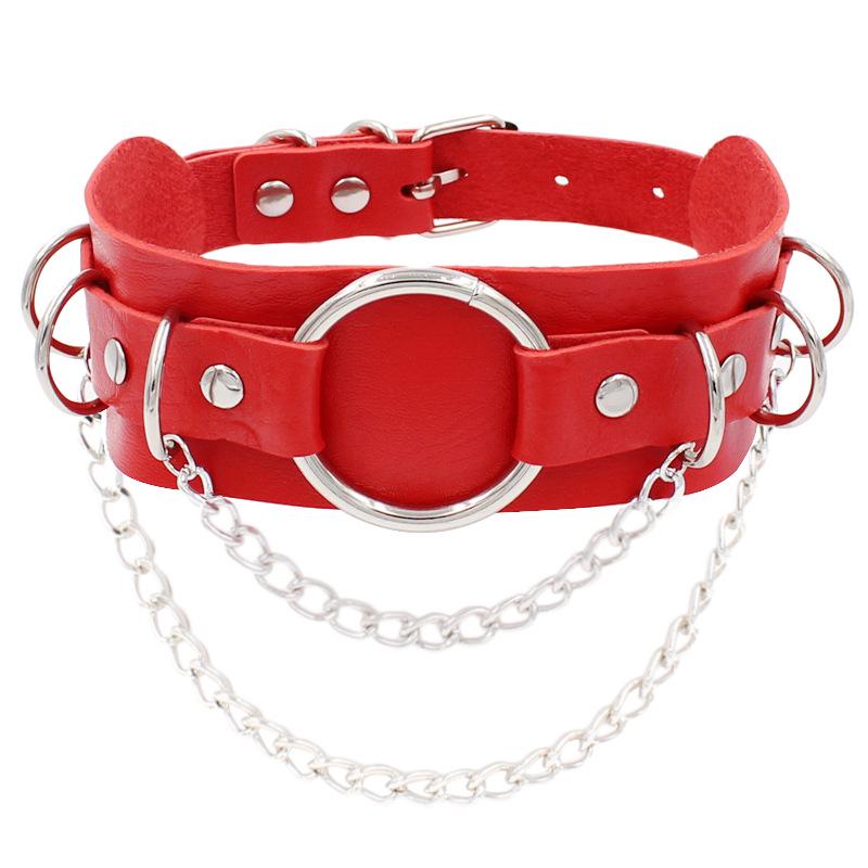 

Панк Двухслойное Кожаное Ожерелье-Чокер с Цепью и О-Кольцом - Европейский и Американский Уличный Стиль, Металлический Дизайн в Виде Круга. красный