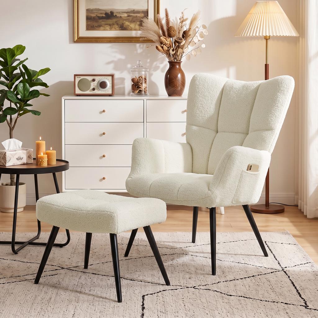 Lounge Chair with Footrest, Plush Teddy Upholstered Accent Chair, High Back, Side Pockets, Beige