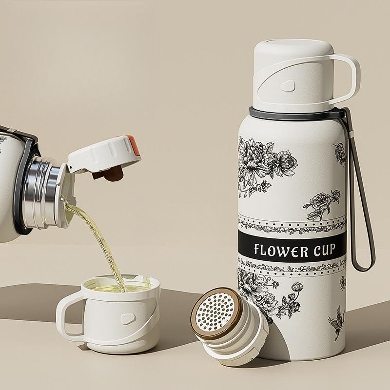 600/800ml 316 Stainless Steel Thermos Bottle Vintage Floral Print Vacuum Insulated Water Bottle Portable Outdoor Travel Flask