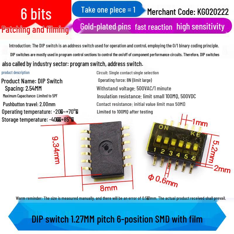 SMD DIP Switch, Flat Toggle, 2P 4-10 Positions, 2.54mm, Red/Blue/Black