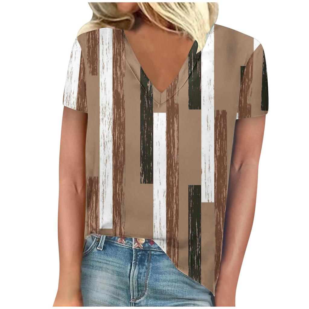Summer V-neck 3D Stripe Printed Top Fashionable Casual Short Sleeved Women's T-shirts
