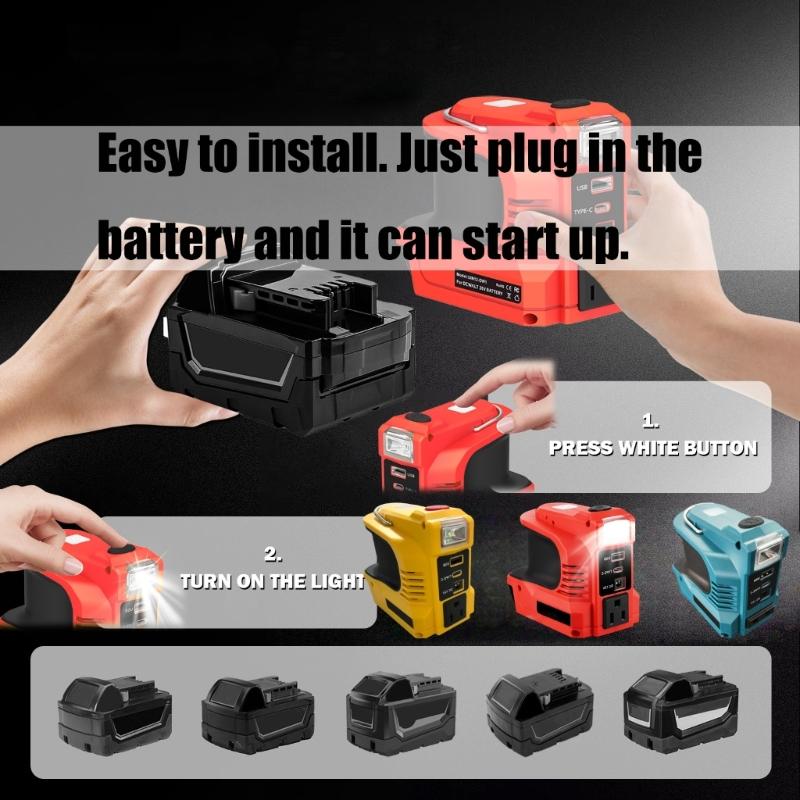 Lightweight 220W Power Inverter with LED Work Light Easy Carry  Power Stations Emergency Backups  Power for 18V Battery