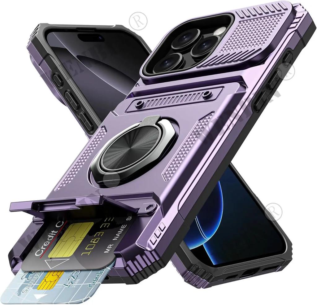 Case For iPhone 17 16 15 14 Pro Max 16 Plus Magnetic Rotated Ring Kickstand Heavy Duty Drop Protection Wallet Cover Funda Capa