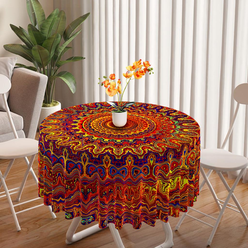 1 Piece Circular Tablecloth With Green Red Flower Waterproof Colorful Terrace Table Cover Multi-Purpose 63 Inch Totem Tablecloth