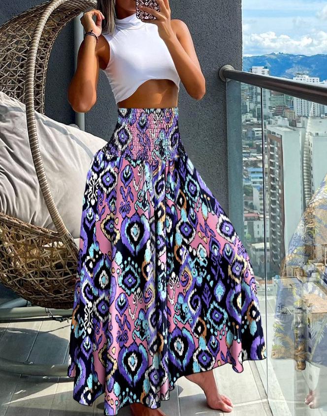 2024 Retro Floral Print Waist-Cinching Wide-Leg Pants for European and American Women