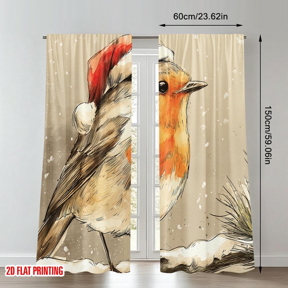 Flachdruck Weihnachtsfeier Vorhänge Rotkehlchen Schnee Digital Bedruckte Polyester Vorhänge Dekorationen Vorhang Set von 2 Stück Waschbar
