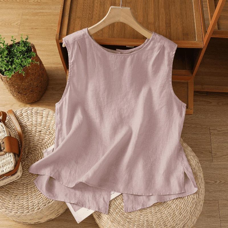 Womens Linen Cotton Sleeveless Button Up Blouse Casual Round Neck Vest Shirt M фиолетовый