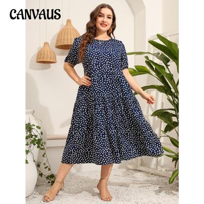 Summer Women's Dress Plus Size Irregular Dot Short Sleeve Loose Round Neck Big Hem Long Dresses