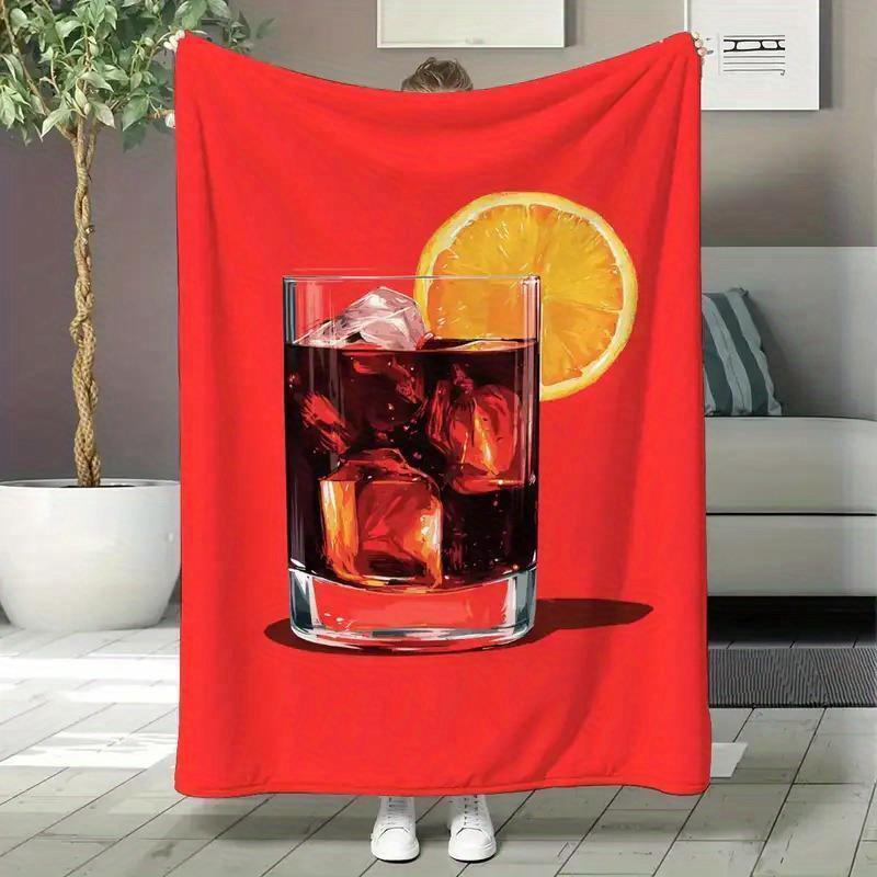 

Whiskey Cocktail Fleece Blanket Red Background Glass Ice Orange Slice Soft Cozy Throw Bar Theme Decor Gift for Men and Drink 70x100cm28x39in