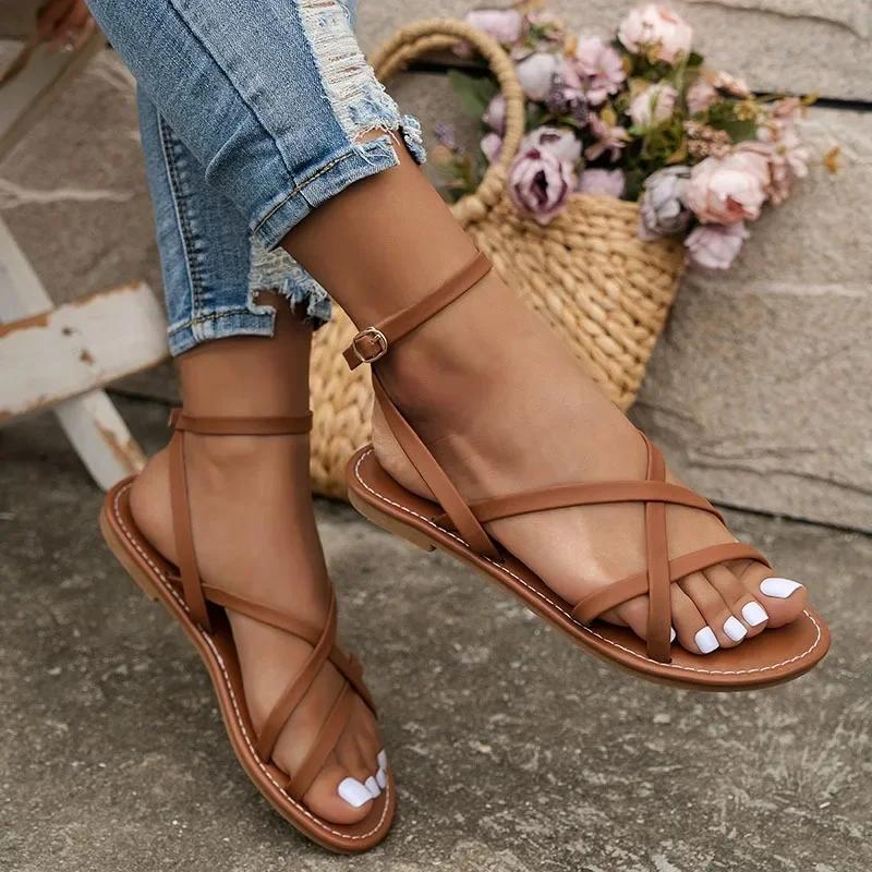 Damen Freizeitsandalen 2024 Neu Sommer Vielseitige Römerschuhe Komfort Flachsohlige Sandalen Strandschuhe Damenschuhe