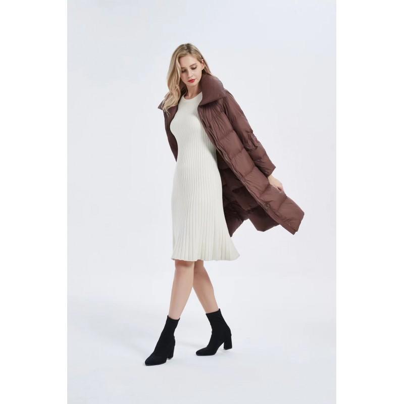 Womens Mid-Length Winter Down Coat With Large Lapel White Duck Fill 81-85% Content Slim Straight Fit