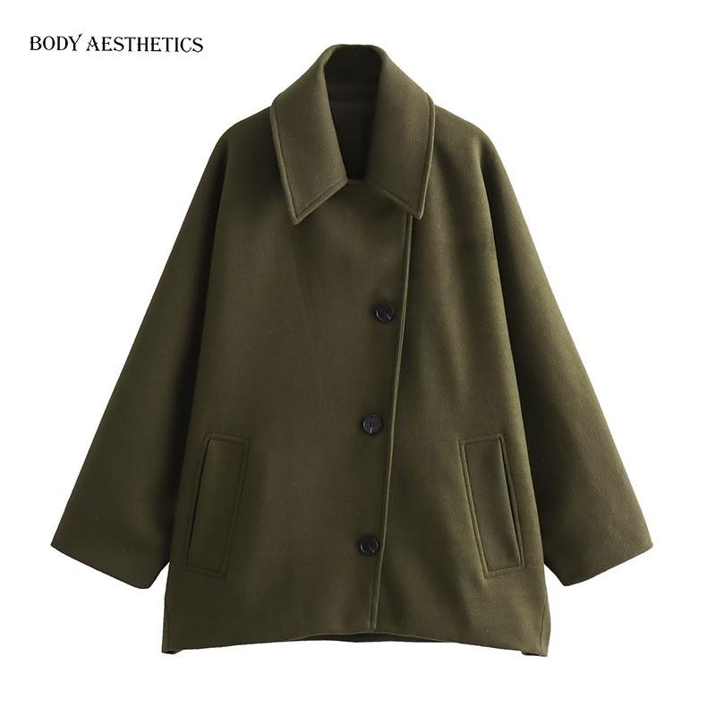 Womens Wool Blend Oversized Coat With Notched Collar Winter Outerwear In Khaki Green