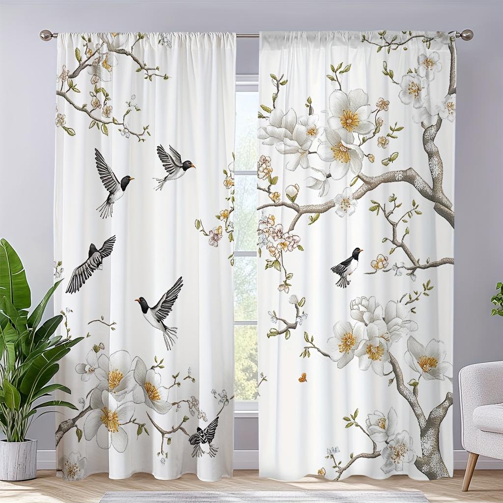 2-piece Floral and Bird Print Curtains, Polyester Fabric, Machine Washable, Suitable for Living Room, Bedroom