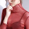 Sexy Women T Shirt See Through Transparent Mesh Tops Long Sleeve Sheer Slim Ladies Turtleneck Bright T-Shirt Top